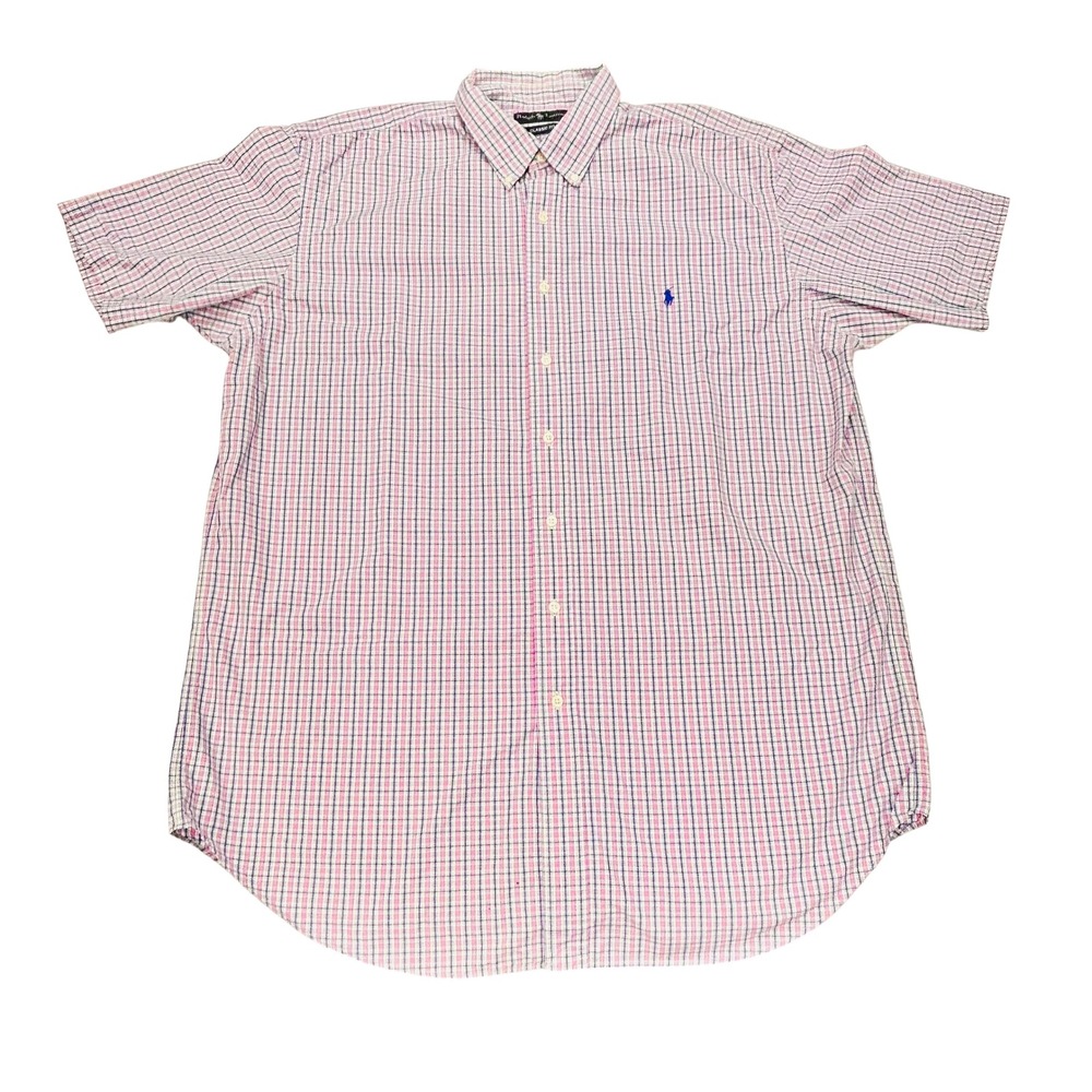 Ralph Lauren Classic Fit Shirt Mens XLT Tall Pink Blue Plaid Short Sleeve Preppy - Picture 2 of 9